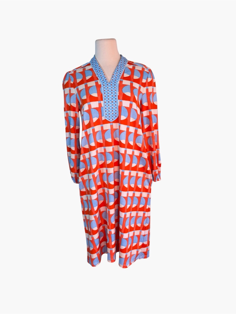 Womens J McLaughlin dress Red and Light Blue Geometric